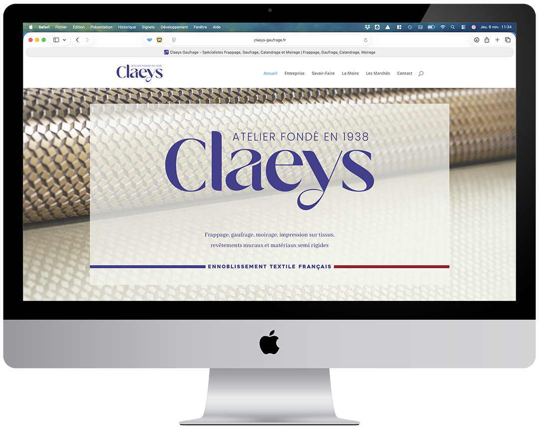 Création du site Internet de Claeys par Entourage Studio à Lyon, présenté sur un mockup d’ordinateur portable.